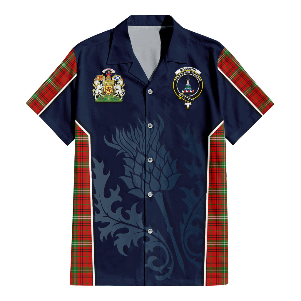 Tartan Vibes Clothing Morrison Red Modern Tartan Short Sleeve Button Up Shirt with Family Crest and Scottish Thistle Vibes Sport Style