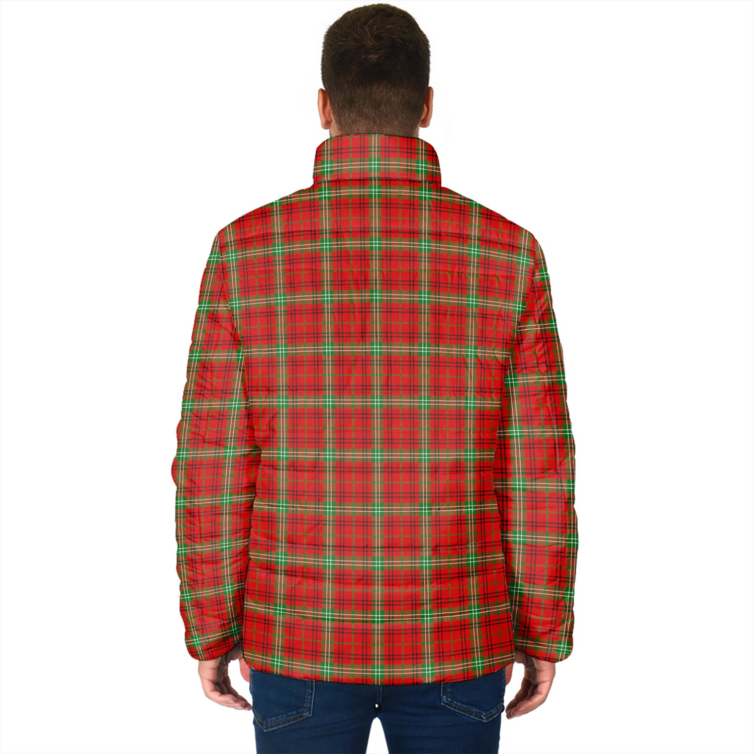 Morrison Red Modern Tartan Padded Jacket with Family Crest - Tartan Vibes Clothing