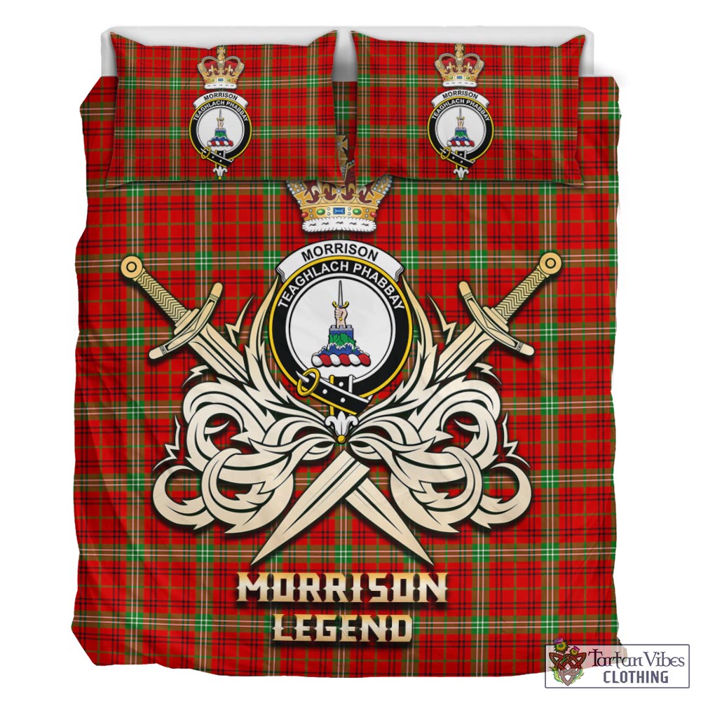 Tartan Vibes Clothing Morrison Red Modern Tartan Bedding Set with Clan Crest and the Golden Sword of Courageous Legacy