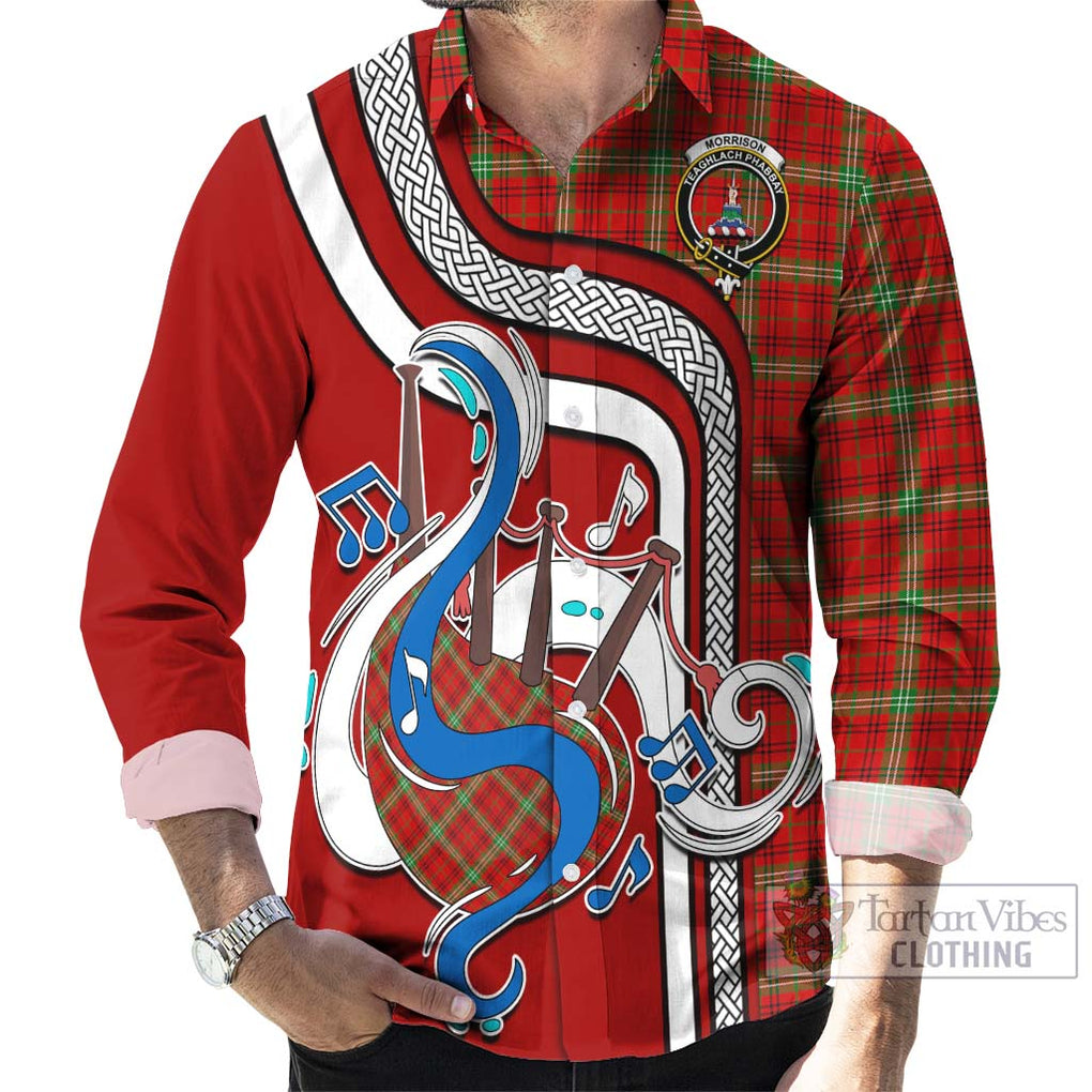 Morrison Red Modern Tartan Long Sleeve Button Shirt with Epic Bagpipe Style - Tartanvibesclothing Shop