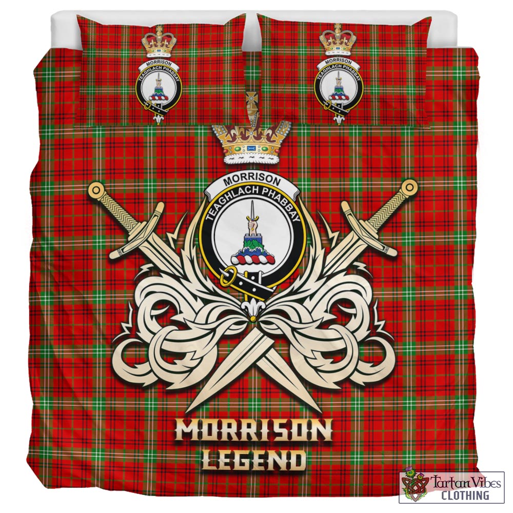 Tartan Vibes Clothing Morrison Red Modern Tartan Bedding Set with Clan Crest and the Golden Sword of Courageous Legacy