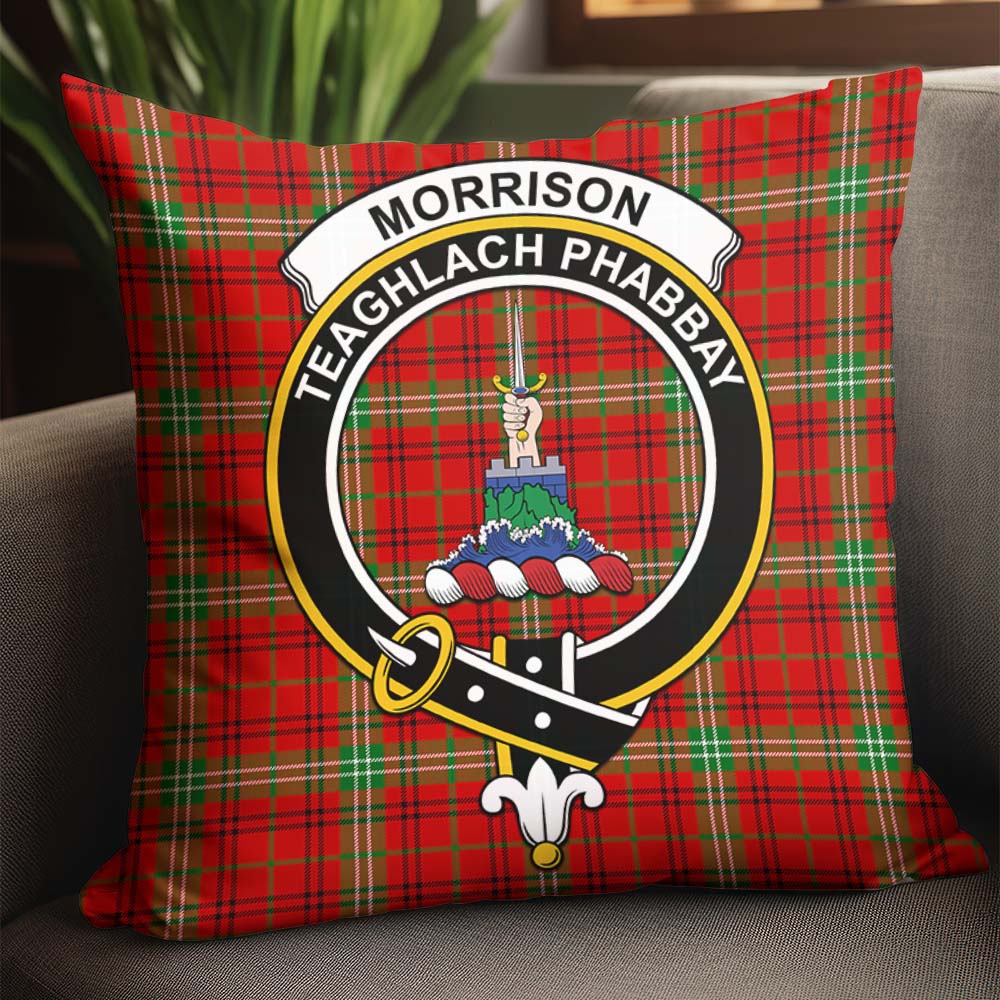 Morrison Red Modern Tartan Pillow Cover with Family Crest - Tartanvibesclothing