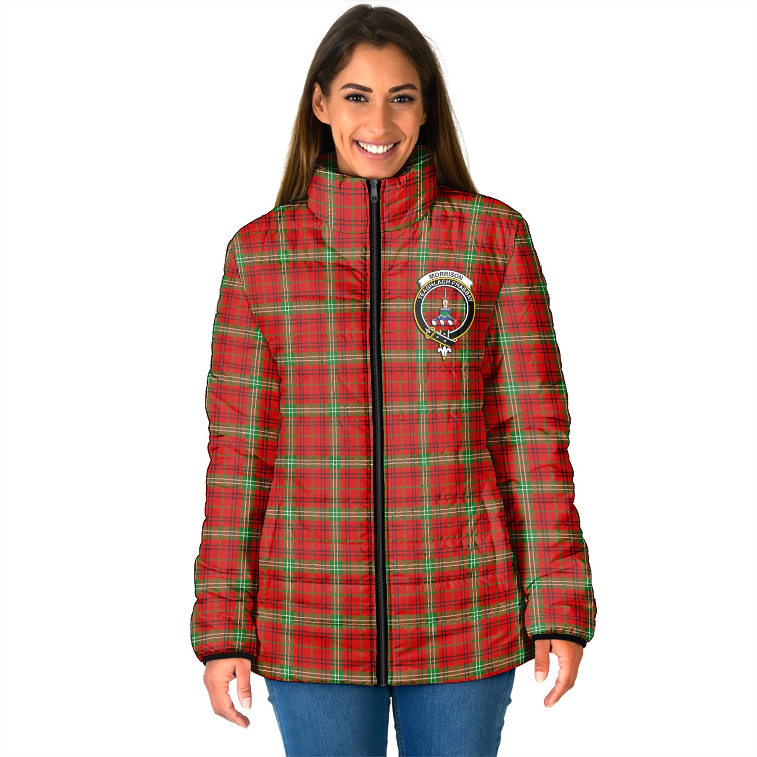 Morrison Red Modern Tartan Padded Jacket with Family Crest - Tartan Vibes Clothing