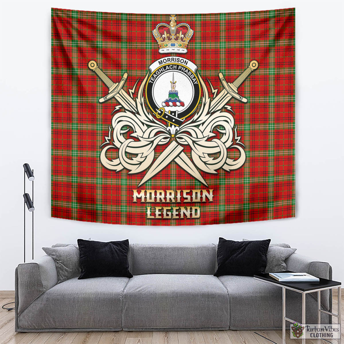 Tartan Vibes Clothing Morrison Red Modern Tartan Tapestry with Clan Crest and the Golden Sword of Courageous Legacy