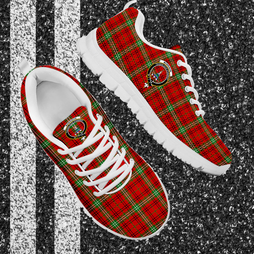 Morrison Red Modern Tartan Sneakers with Family Crest - Tartan Vibes Clothing