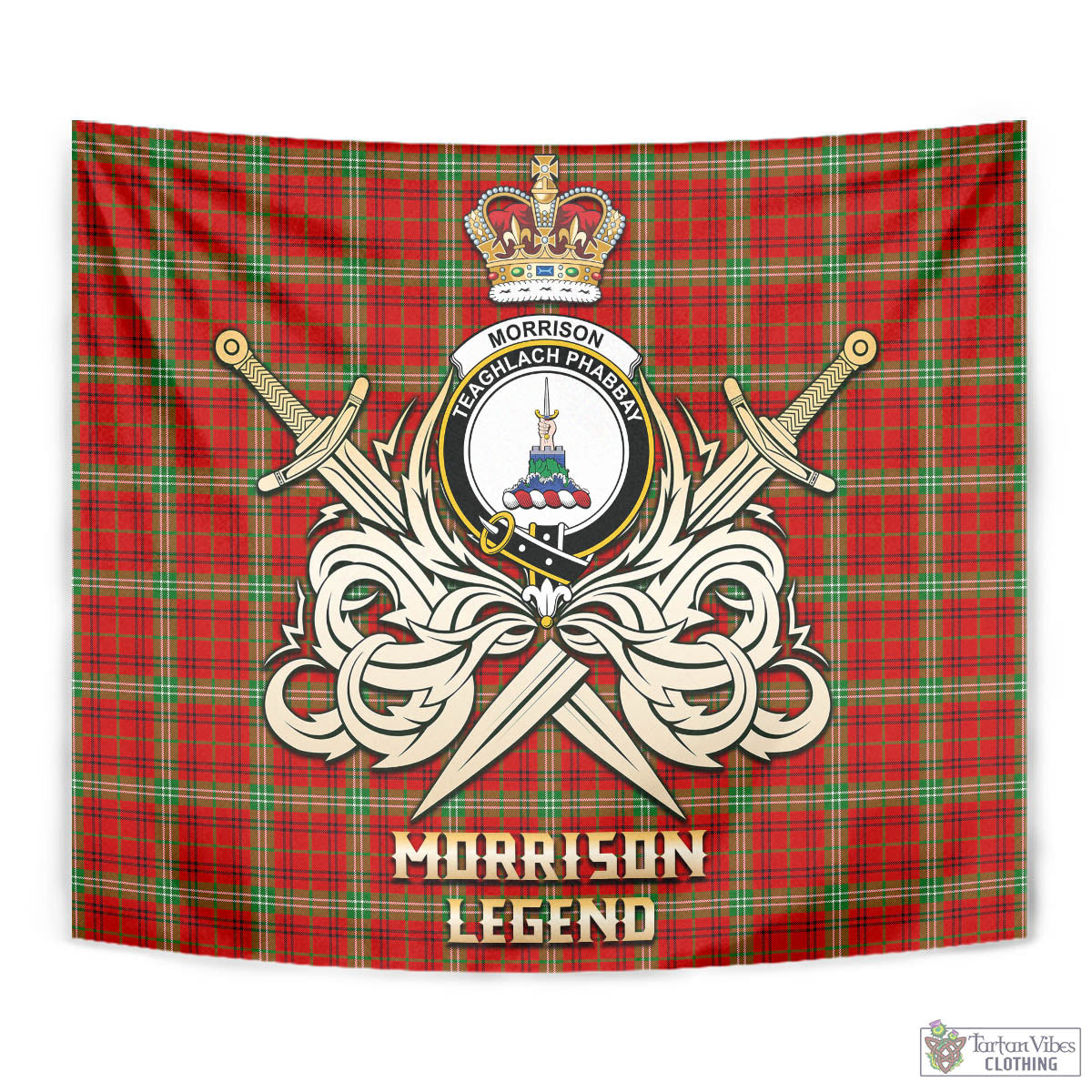 Tartan Vibes Clothing Morrison Red Modern Tartan Tapestry with Clan Crest and the Golden Sword of Courageous Legacy