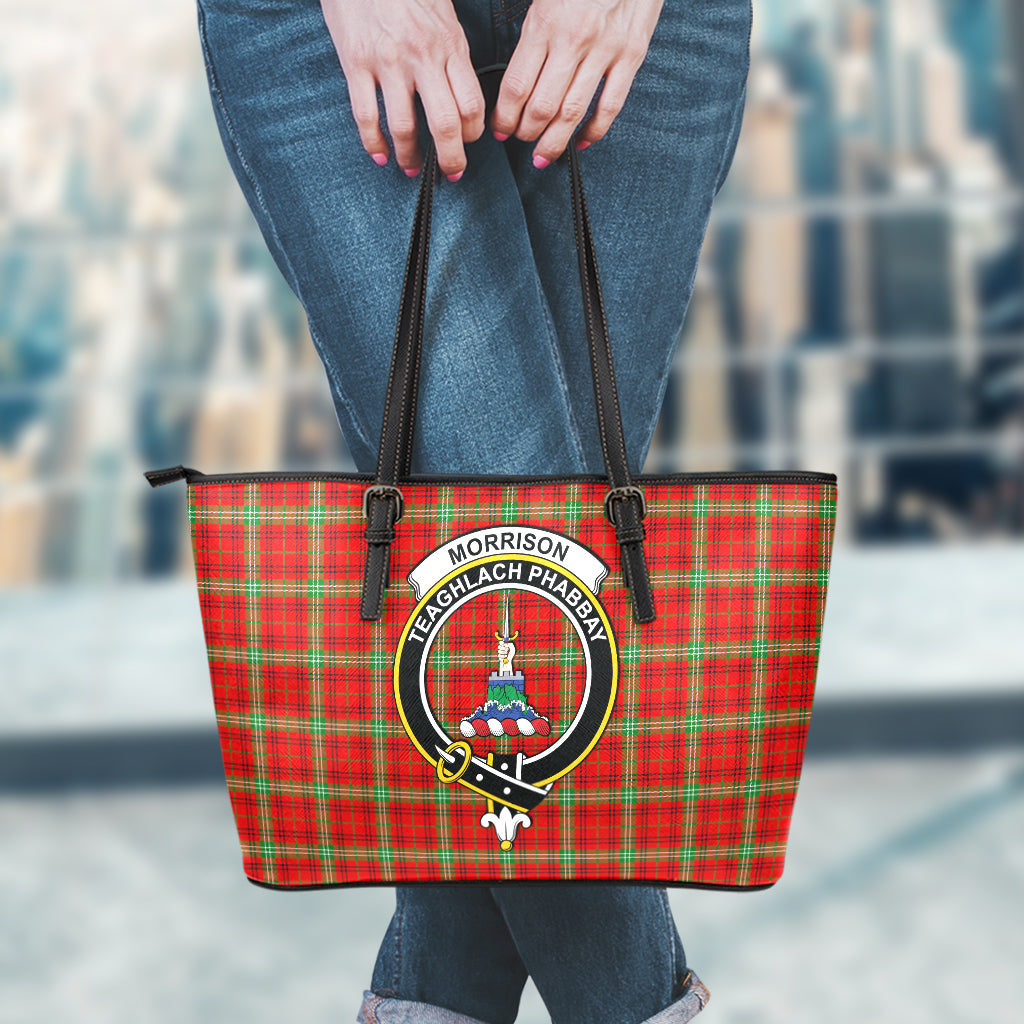 Morrison Red Modern Tartan Leather Tote Bag with Family Crest - Tartan Vibes Clothing