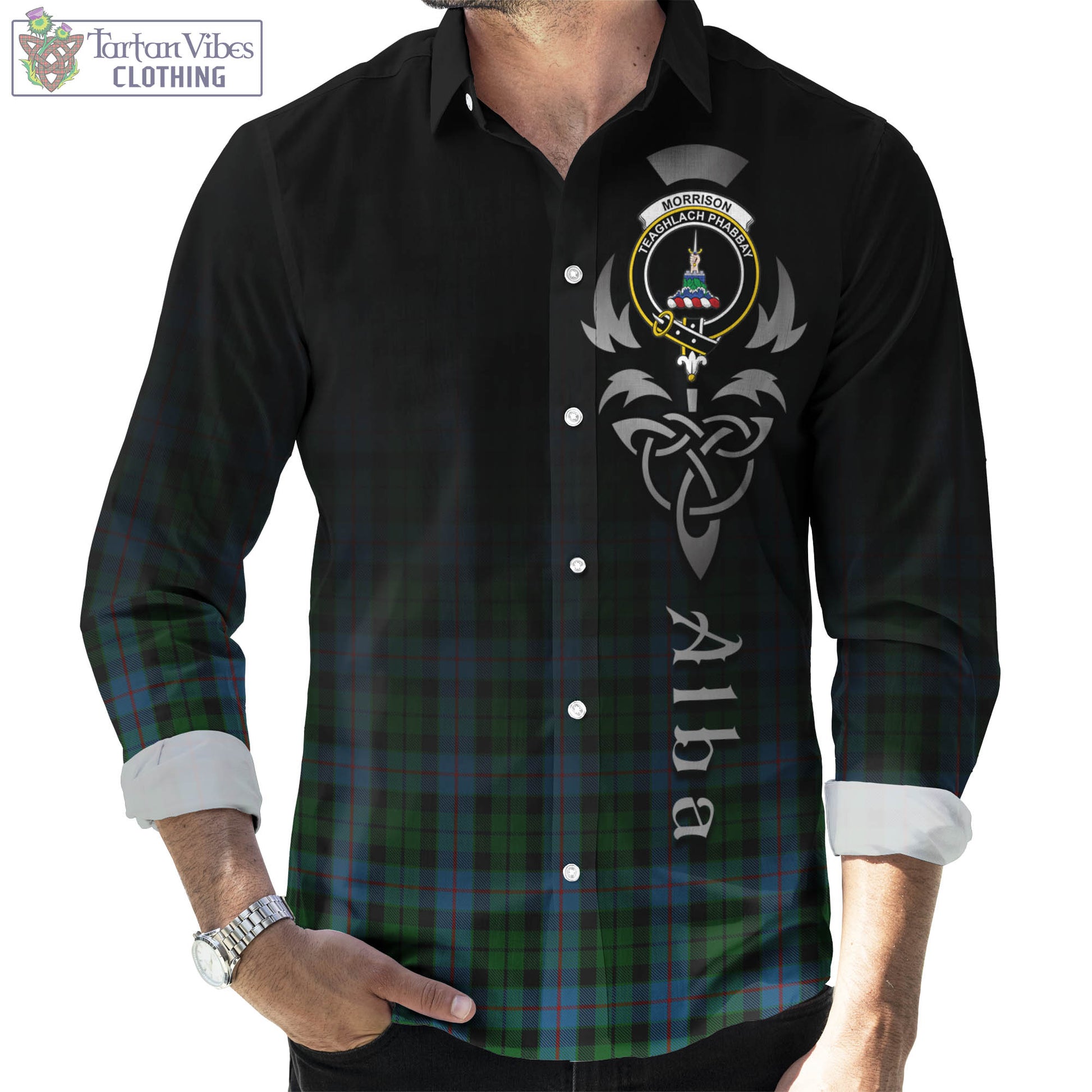 Tartan Vibes Clothing Morrison Society Tartan Long Sleeve Button Up Featuring Alba Gu Brath Family Crest Celtic Inspired