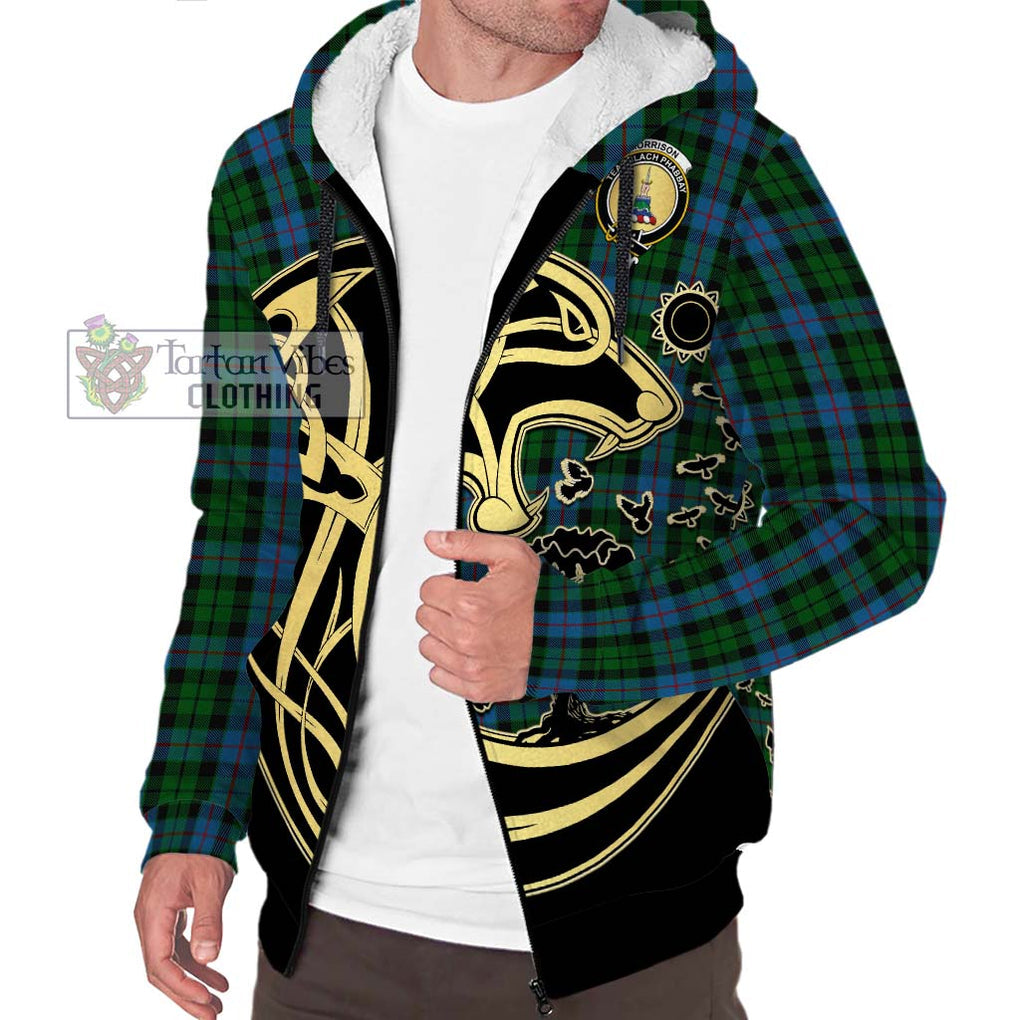 Morrison Society Tartan Sherpa Hoodie with Family Crest Celtic Wolf Style Unisex S - Tartan Vibes Clothing