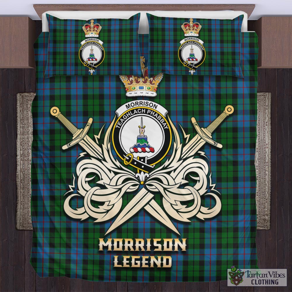 Tartan Vibes Clothing Morrison Society Tartan Bedding Set with Clan Crest and the Golden Sword of Courageous Legacy