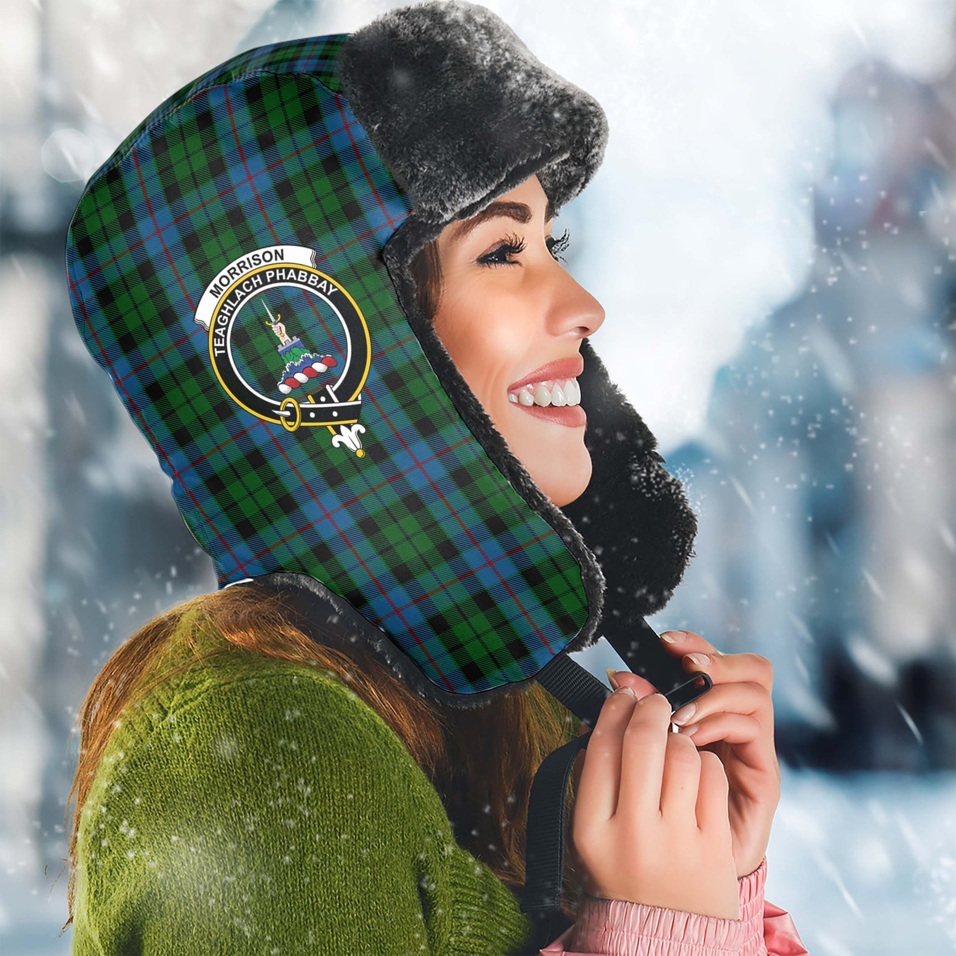 Morrison Society Tartan Winter Trapper Hat with Family Crest Winter Trapper Hat Universal Fit Circumference 22.8in (58cm) - Tartanvibesclothing