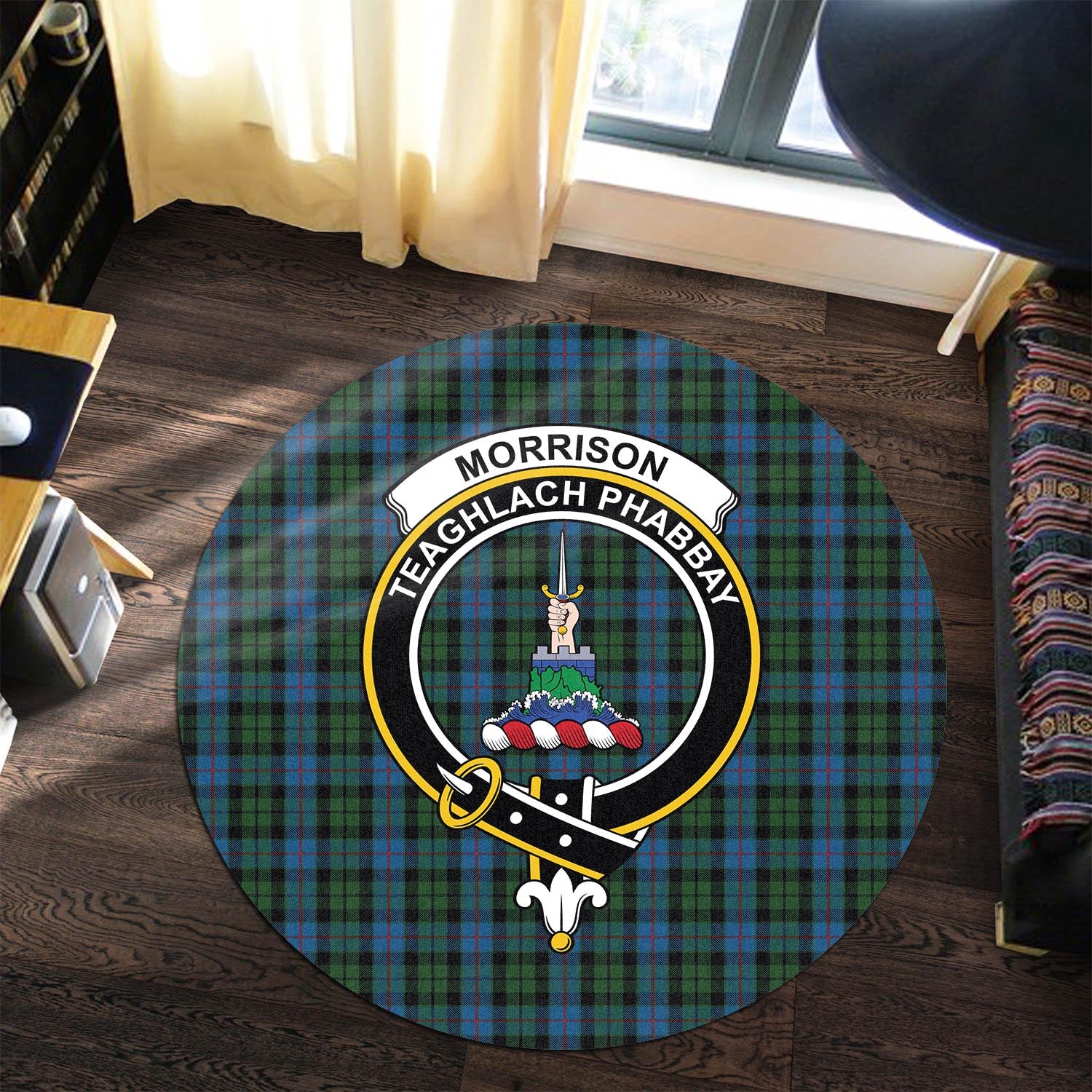 morrison-society-tartan-round-rug-with-family-crest