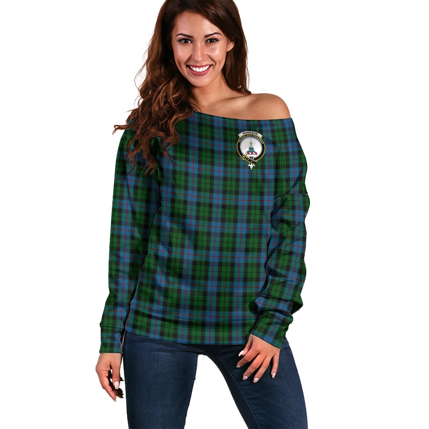 Morrison Society Tartan Off Shoulder Women Sweater with Family Crest Women - Tartanvibesclothing