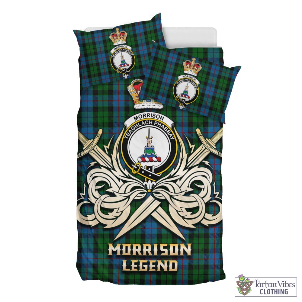 Tartan Vibes Clothing Morrison Society Tartan Bedding Set with Clan Crest and the Golden Sword of Courageous Legacy