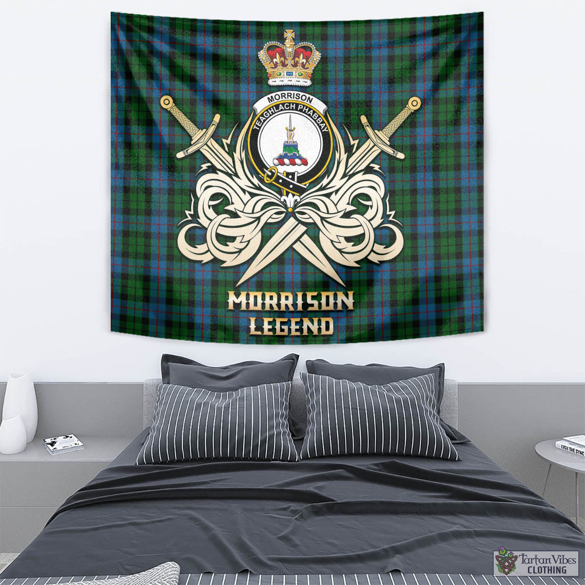 Tartan Vibes Clothing Morrison Society Tartan Tapestry with Clan Crest and the Golden Sword of Courageous Legacy