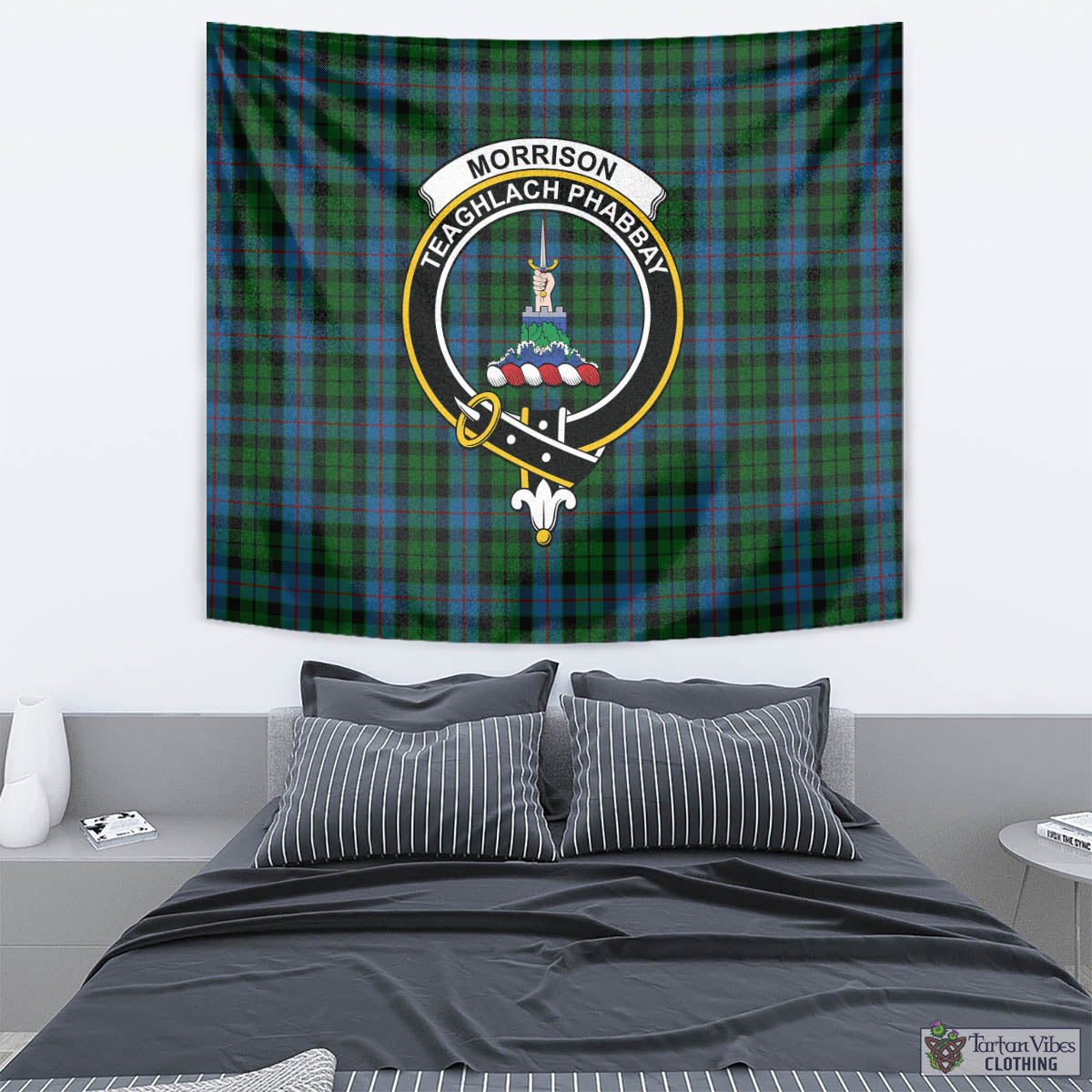 Tartan Vibes Clothing Morrison Society Tartan Tapestry Wall Hanging and Home Decor for Room with Family Crest