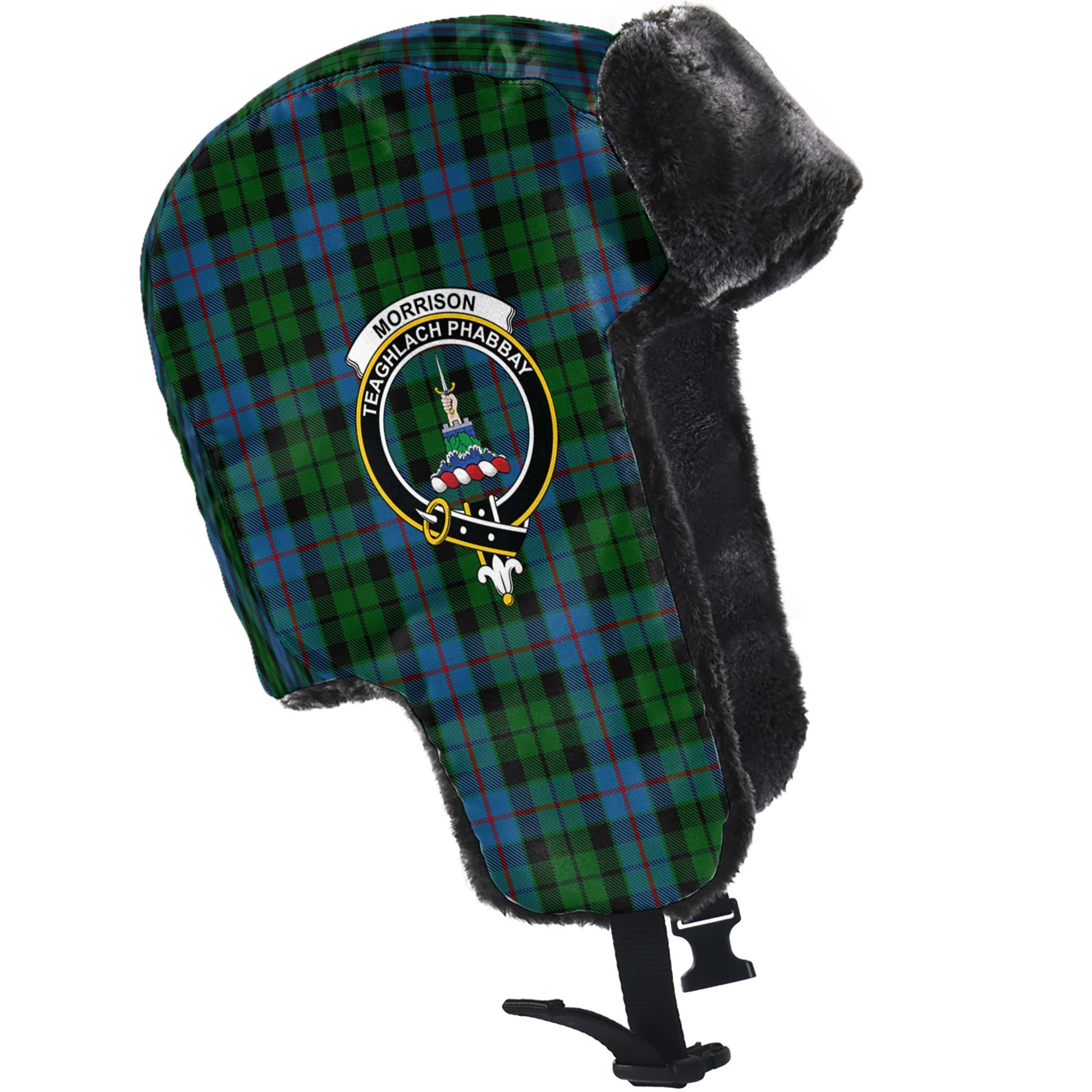 Morrison Society Tartan Winter Trapper Hat with Family Crest - Tartanvibesclothing