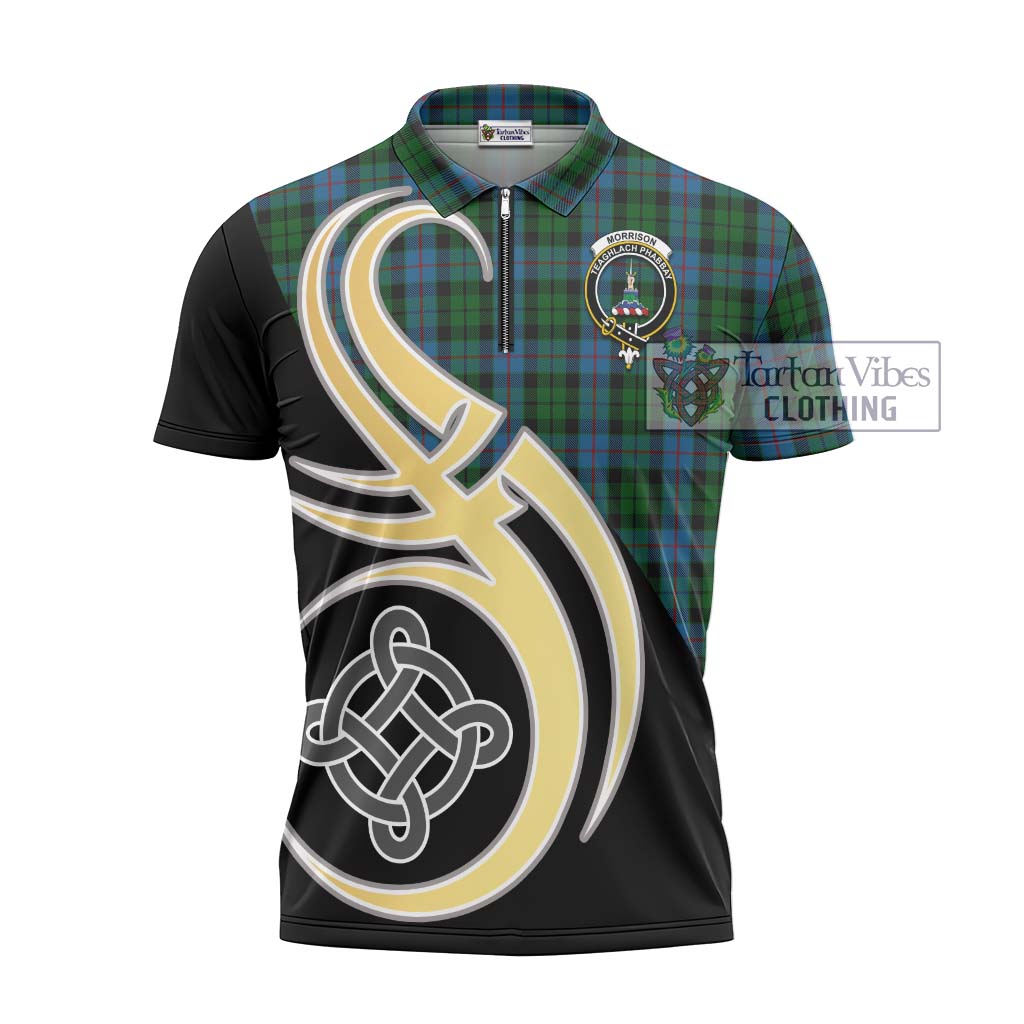 Tartan Vibes Clothing Morrison Society Tartan Zipper Polo Shirt with Family Crest and Celtic Symbol Style