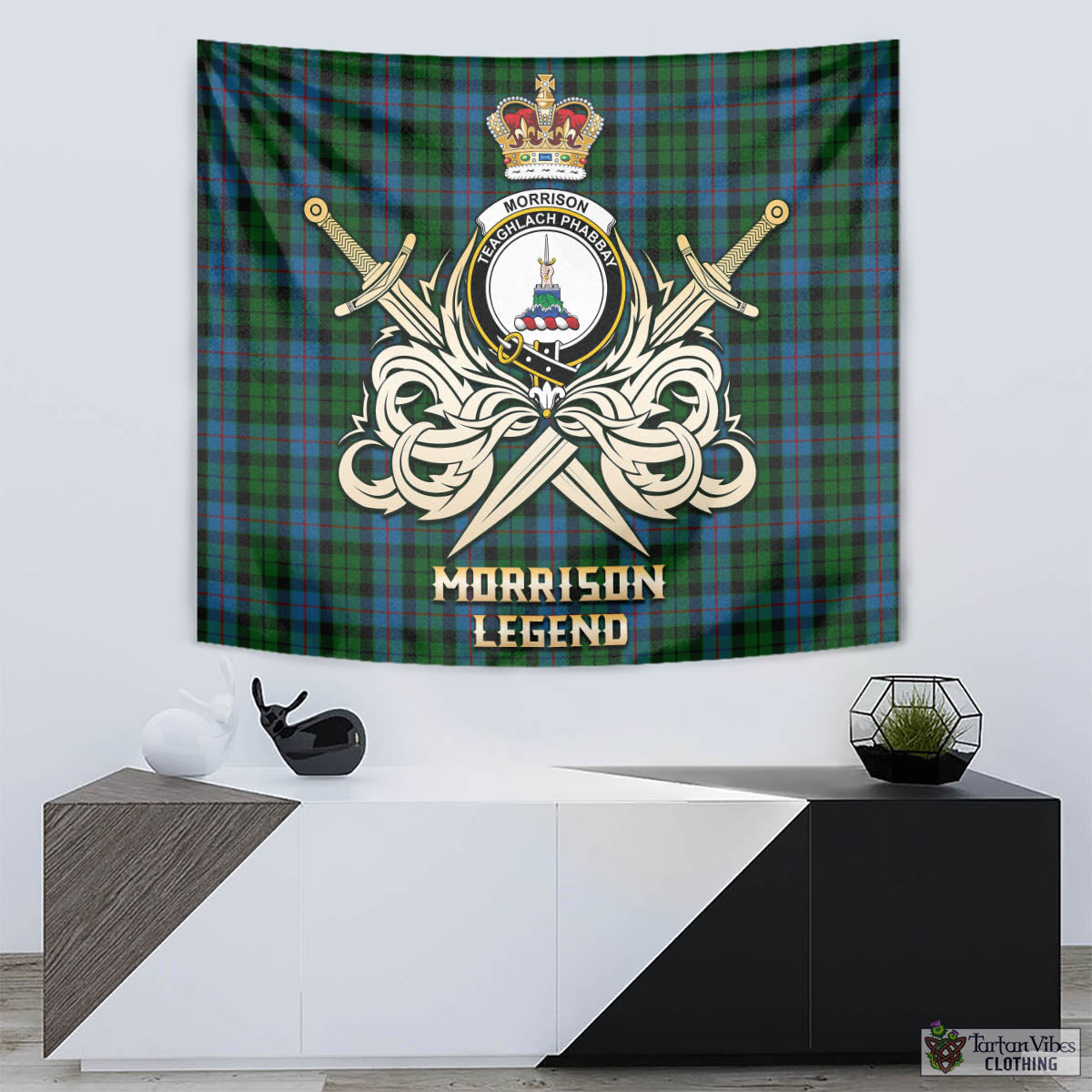 Tartan Vibes Clothing Morrison Society Tartan Tapestry with Clan Crest and the Golden Sword of Courageous Legacy