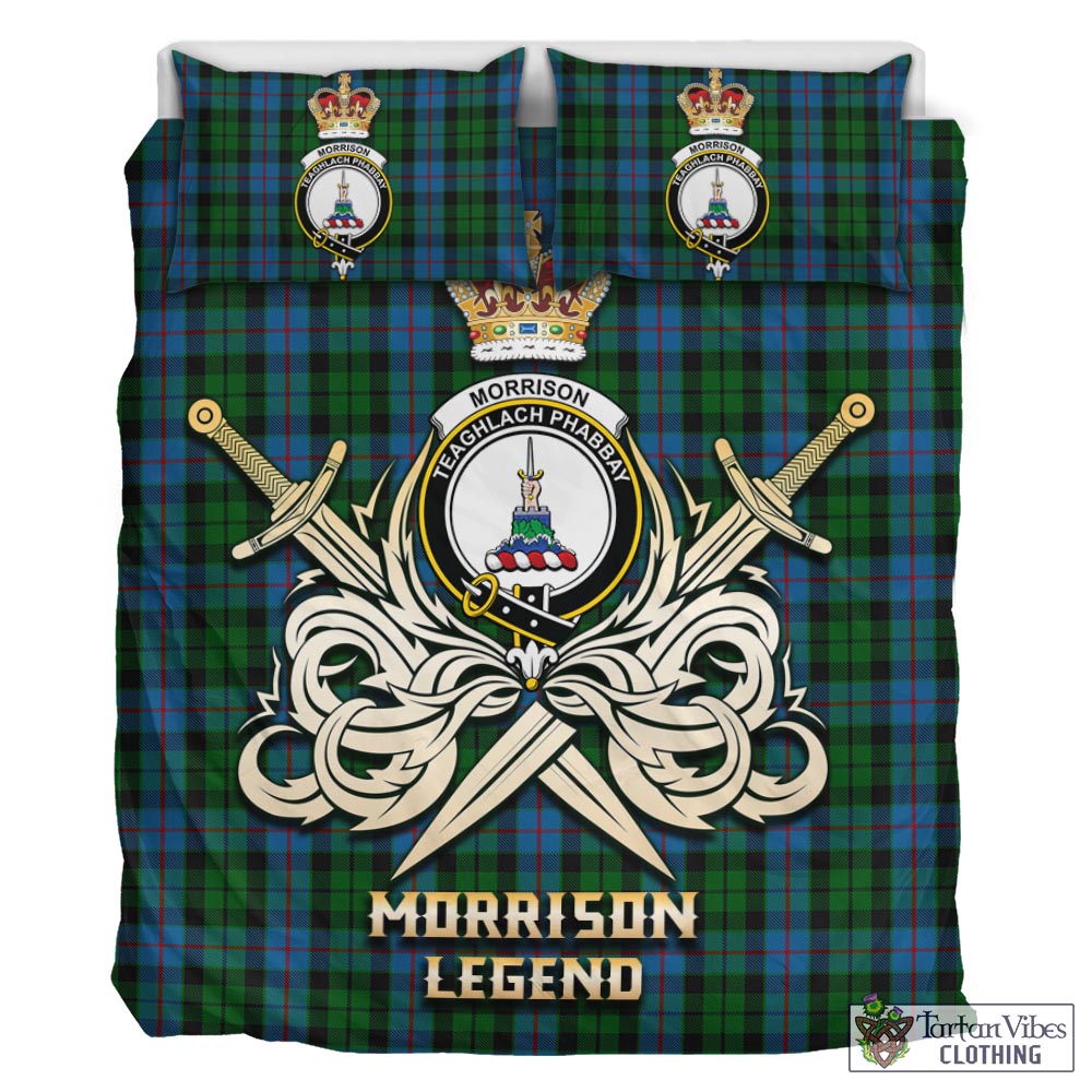 Tartan Vibes Clothing Morrison Society Tartan Bedding Set with Clan Crest and the Golden Sword of Courageous Legacy