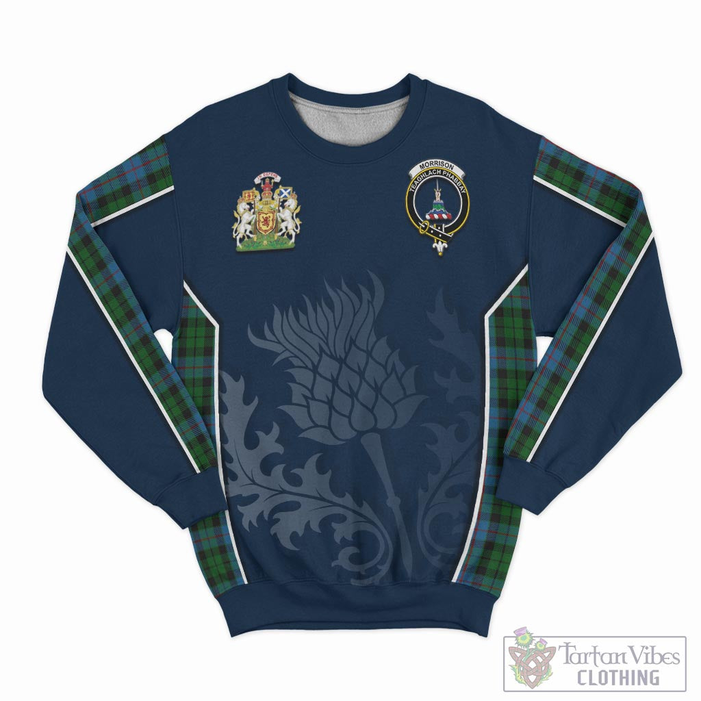 Tartan Vibes Clothing Morrison Society Tartan Sweatshirt with Family Crest and Scottish Thistle Vibes Sport Style