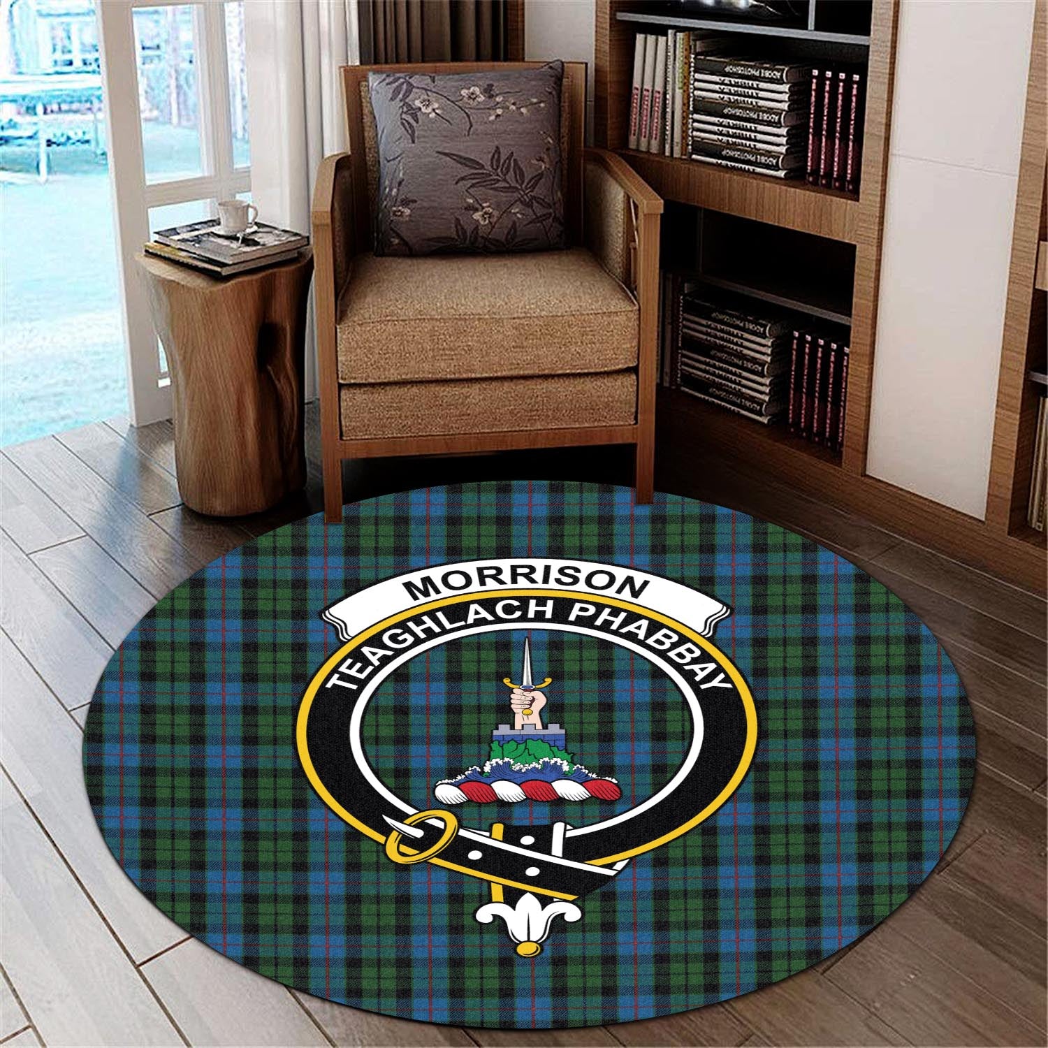 morrison-society-tartan-round-rug-with-family-crest