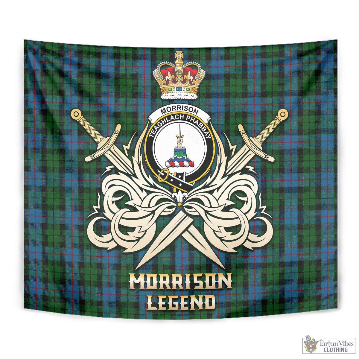 Tartan Vibes Clothing Morrison Society Tartan Tapestry with Clan Crest and the Golden Sword of Courageous Legacy