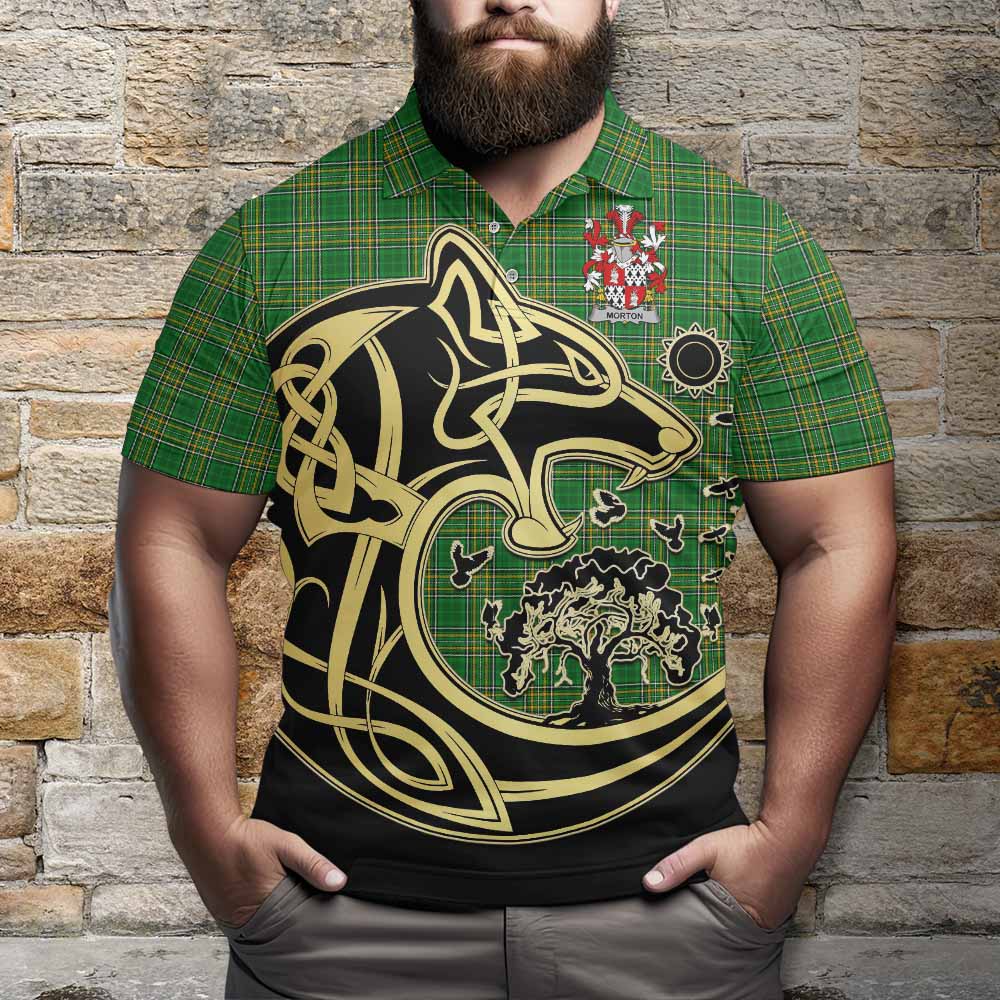Morton Irish Tartan Polo Shirt with Coat of Arms Celtic Wolf Style - Tartan Vibes Clothing