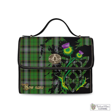 Moss Tartan Waterproof Canvas Bag with Scotland Map and Thistle Celtic Accents Black Leather Strap One Size 10.5*20*27cm - Tartan Vibes Clothing