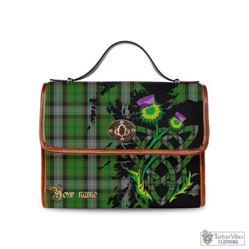Moss Tartan Waterproof Canvas Bag with Scotland Map and Thistle Celtic Accents Brown Leather Strap One Size 10.5*20*27cm - Tartan Vibes Clothing