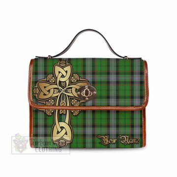 Moss Tartan Waterproof Canvas Bag Golden Thistle Celtic Cross Style Brown Leather Strap One Size 10.5*20*27cm - Tartan Vibes Clothing