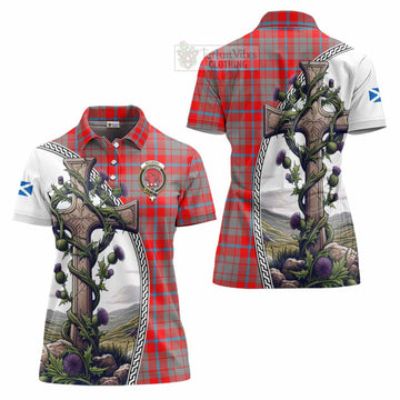 Moubray Tartan Women's Polo Shirt with Family Crest and St. Andrew's Cross Accented by Thistle Vines Women - Tartan Vibes Clothing