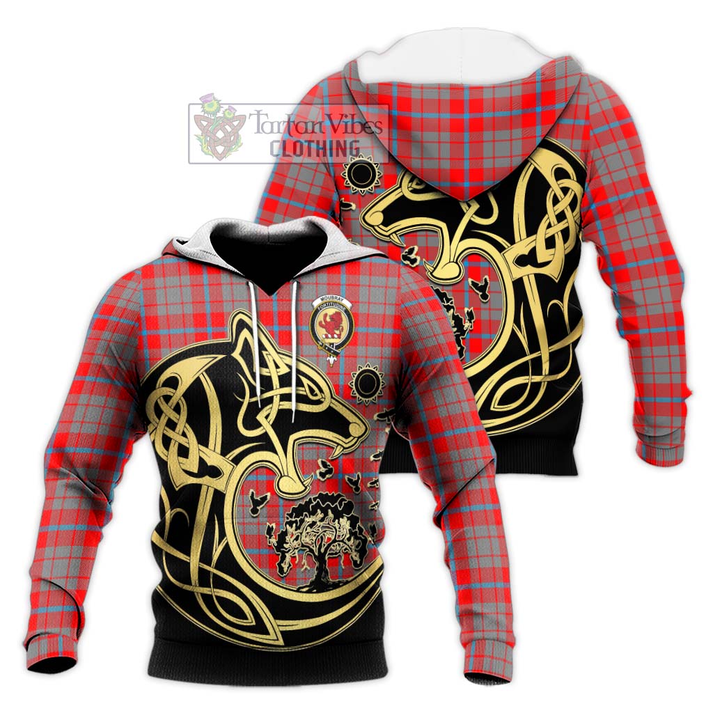 Tartan Vibes Clothing Moubray Tartan Knitted Hoodie with Family Crest Celtic Wolf Style