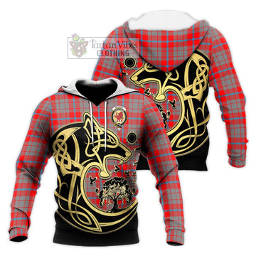 Moubray Tartan Knitted Hoodie with Family Crest Celtic Wolf Style