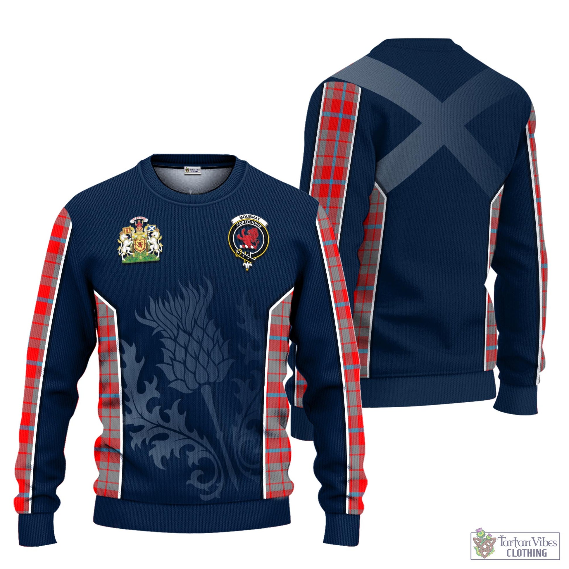 Tartan Vibes Clothing Moubray Tartan Knitted Sweatshirt with Family Crest and Scottish Thistle Vibes Sport Style