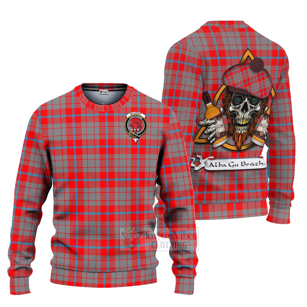 Tartan Vibes Clothing Moubray Tartan Knitted Sweater with Family Crest and Bearded Skull Holding Bottles of Whiskey