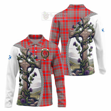 Moubray Tartan Long Sleeve Polo Shirt with Family Crest and St. Andrew's Cross Accented by Thistle Vines Unisex - Tartan Vibes Clothing