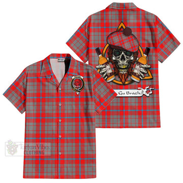 Moubray Tartan Hawaiian Shirt with Family Crest and Bearded Skull Holding Bottles of Whiskey Kid - Tartan Vibes Clothing