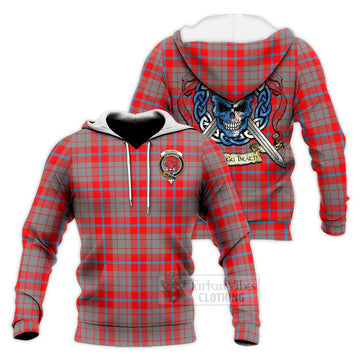 Moubray Tartan Knitted Hoodie with Family Crest Celtic Skull Style