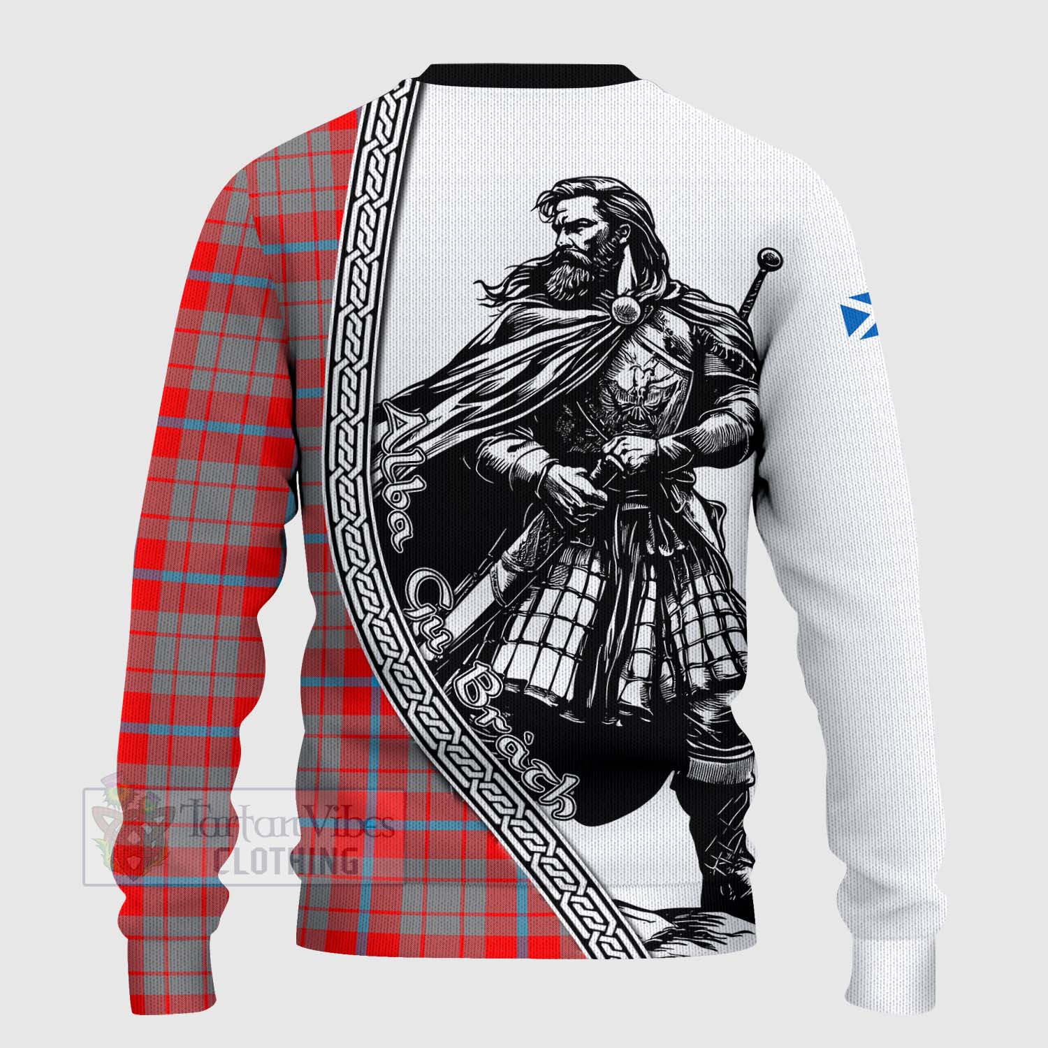 Tartan Vibes Clothing Moubray Tartan Clan Crest Knitted Sweater with Highlander Warrior Celtic Style