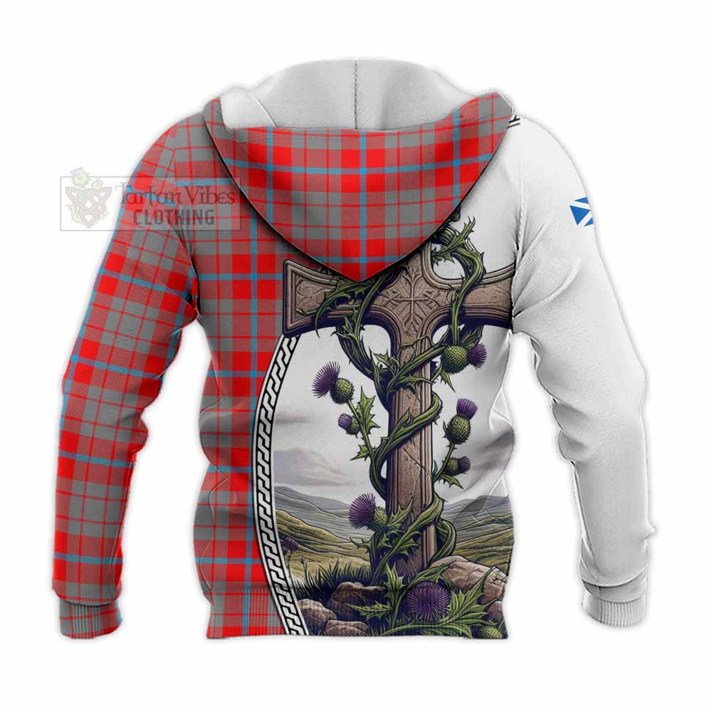 Tartan Vibes Clothing Moubray Tartan Knitted Hoodie with Family Crest and St. Andrew's Cross Accented by Thistle Vines