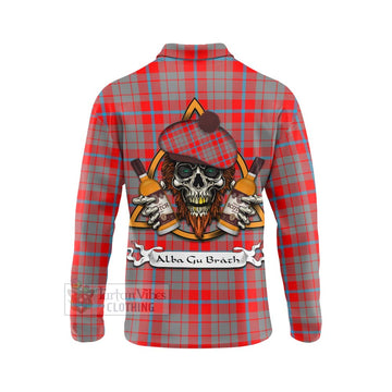 Moubray Tartan Long Sleeve Polo Shirt with Family Crest and Bearded Skull Holding Bottles of Whiskey - Tartan Vibes Clothing