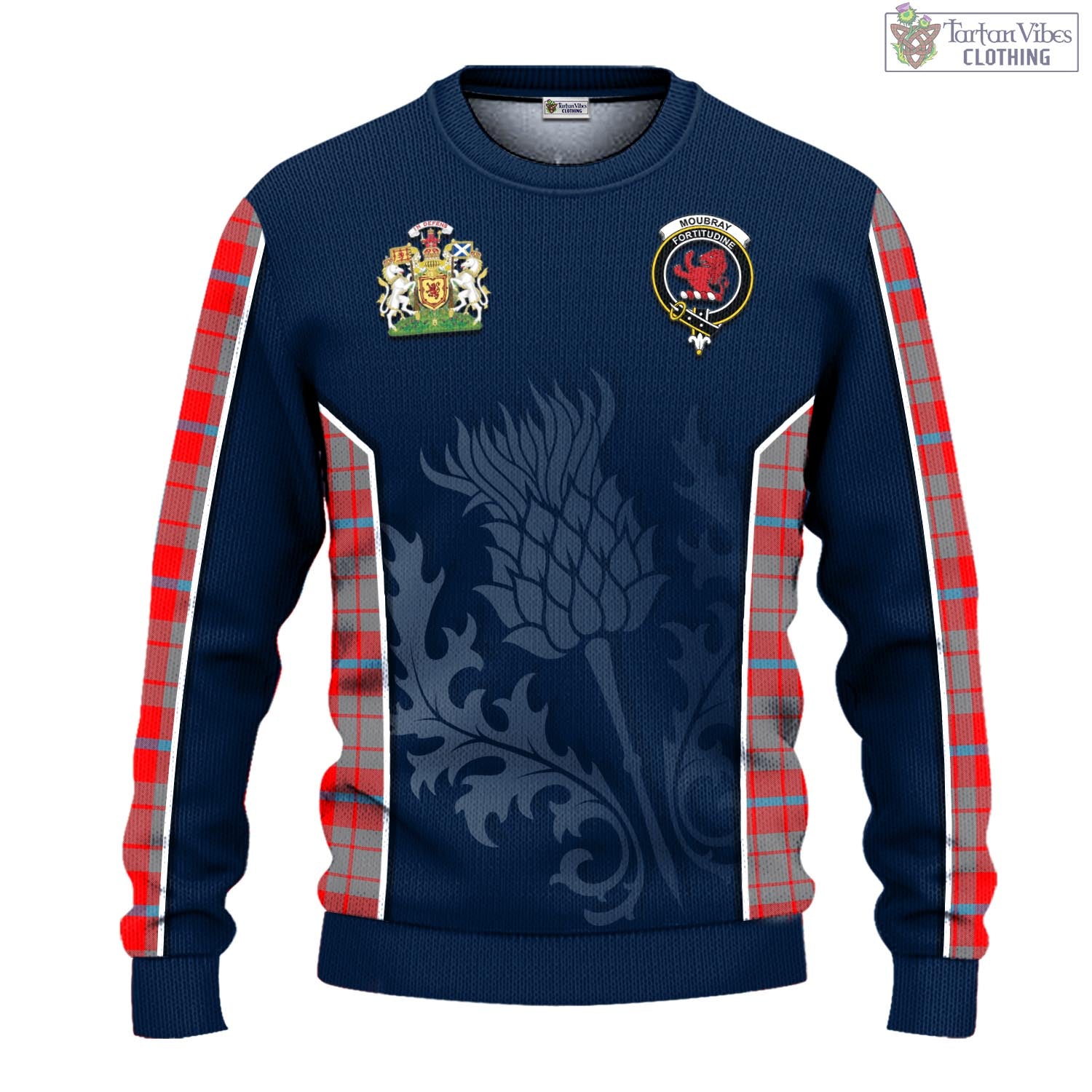 Tartan Vibes Clothing Moubray Tartan Knitted Sweatshirt with Family Crest and Scottish Thistle Vibes Sport Style