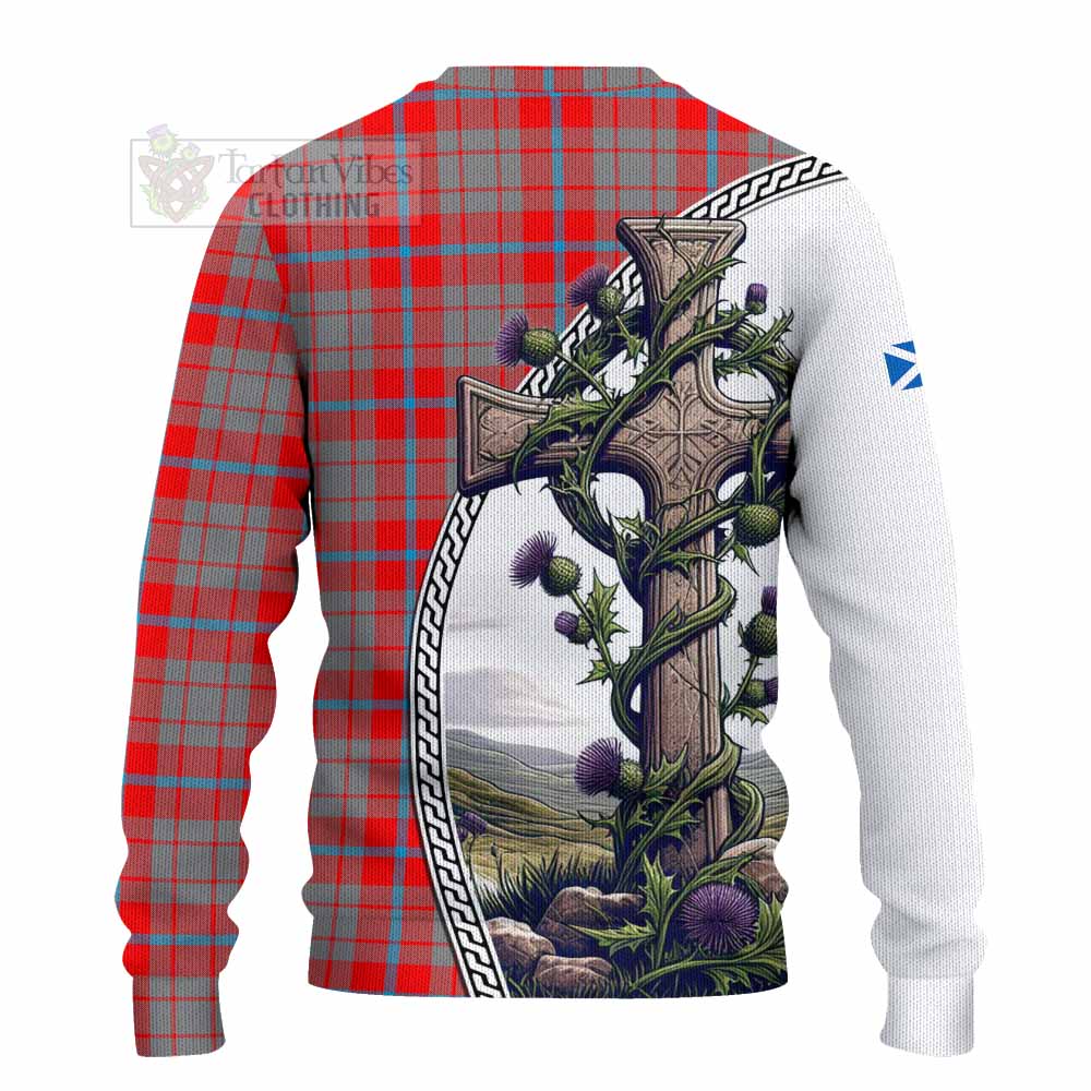 Tartan Vibes Clothing Moubray Tartan Knitted Sweater with Family Crest and St. Andrew's Cross Accented by Thistle Vines