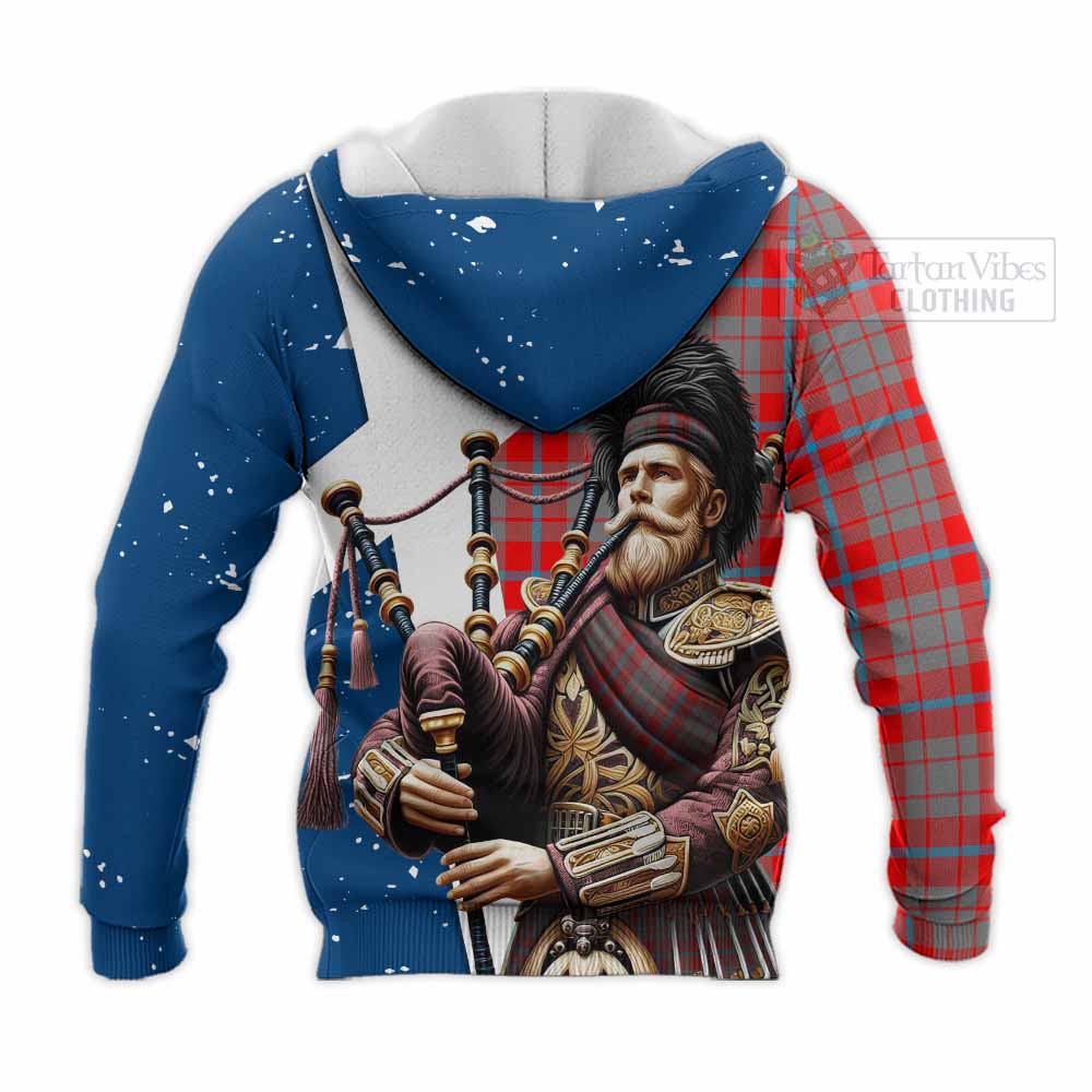 Tartan Vibes Clothing Moubray Tartan Knitted Hoodie with Family Crest Scottish Bagpiper Vibes