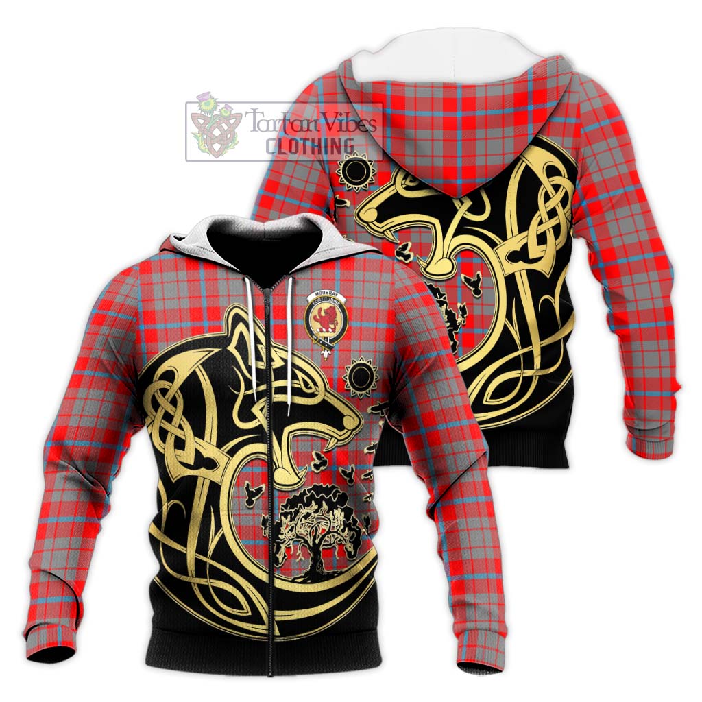 Tartan Vibes Clothing Moubray Tartan Knitted Hoodie with Family Crest Celtic Wolf Style