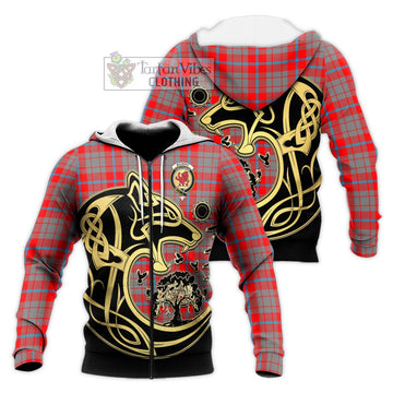 Moubray Tartan Knitted Hoodie with Family Crest Celtic Wolf Style