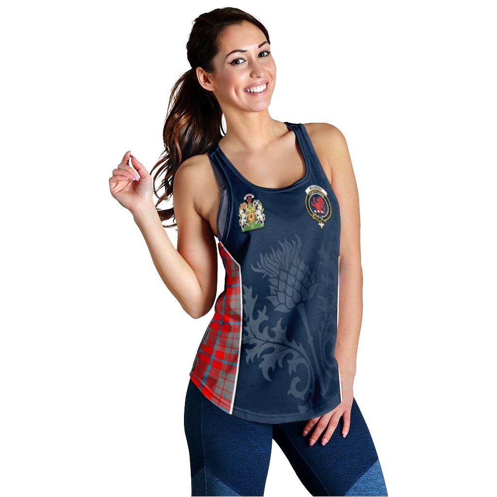 Tartan Vibes Clothing Moubray Tartan Women's Racerback Tanks with Family Crest and Scottish Thistle Vibes Sport Style