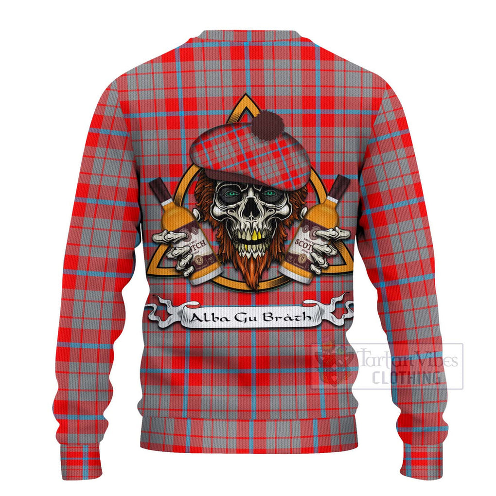 Tartan Vibes Clothing Moubray Tartan Knitted Sweater with Family Crest and Bearded Skull Holding Bottles of Whiskey