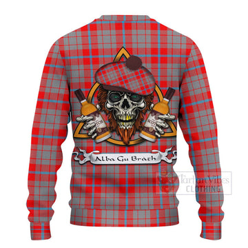 Moubray Tartan Ugly Sweater with Family Crest and Bearded Skull Holding Bottles of Whiskey